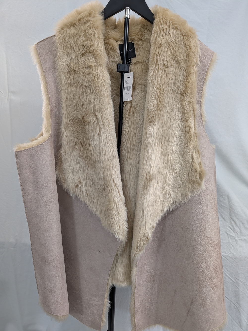 Lane Bryant Taupe Suede-Look Vest with Cream Faux-Fur Trim